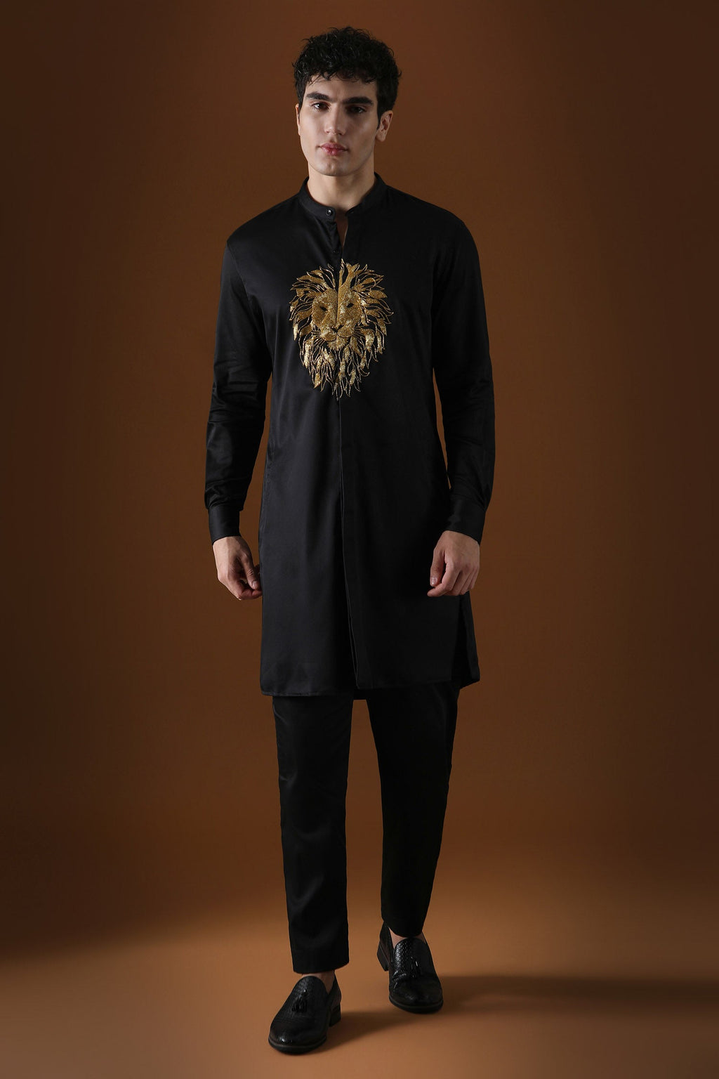 Lion Hand Embroidered Designer Kurta - Black