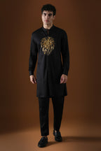 Lion Hand Embroidered Designer Kurta - Black