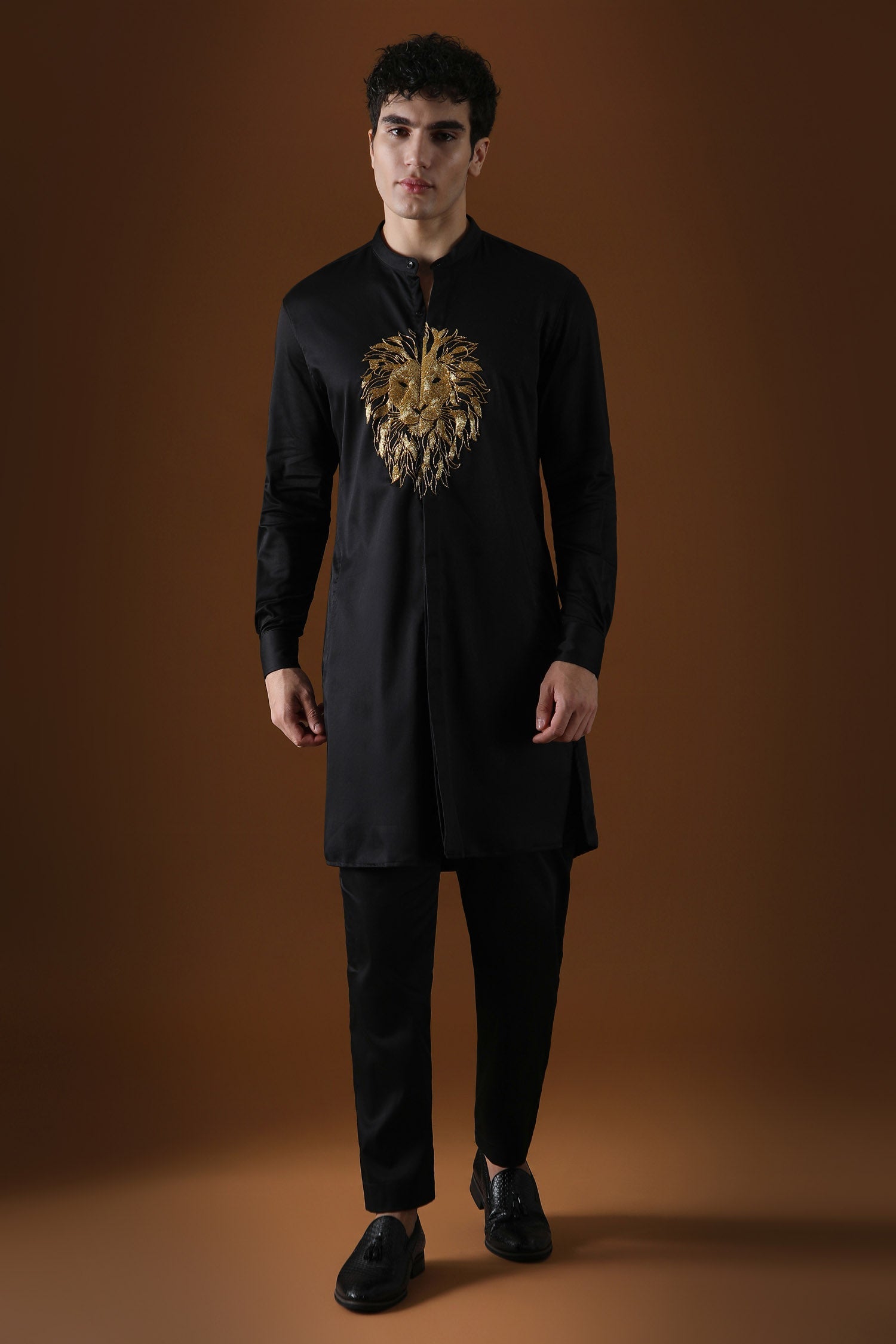 Lion Hand Embroidered Designer Kurta - Black