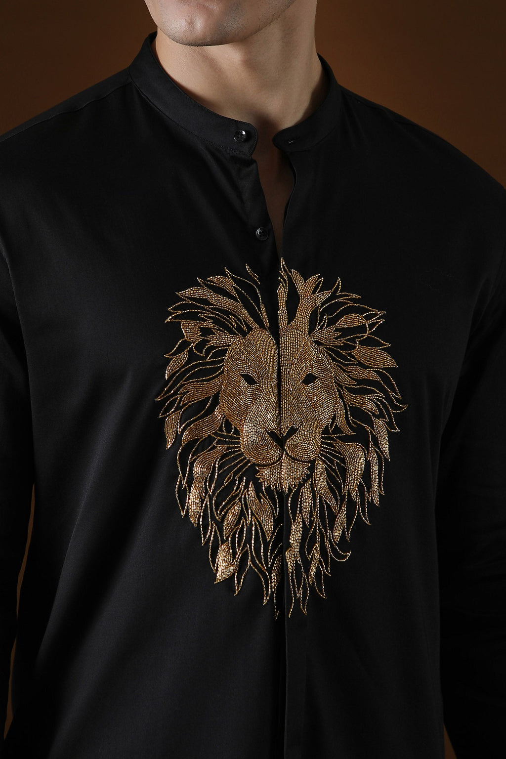 Lion Hand Embroidered Designer Kurta - Black