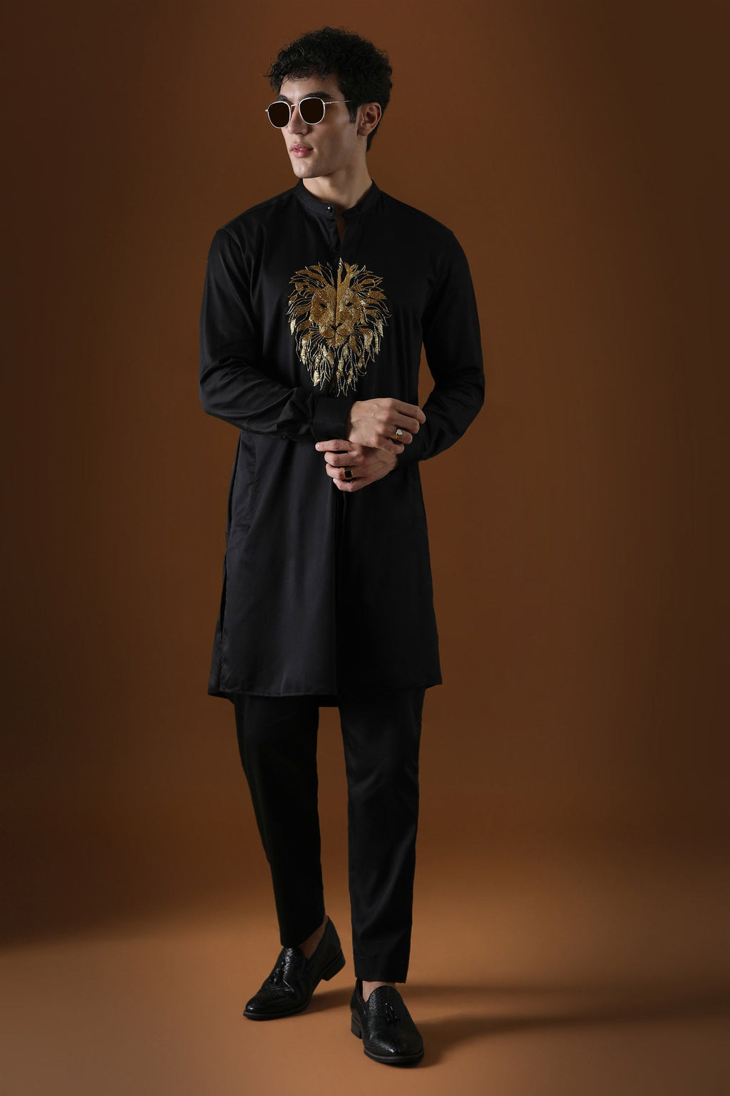 Lion Hand Embroidered Designer Kurta - Black