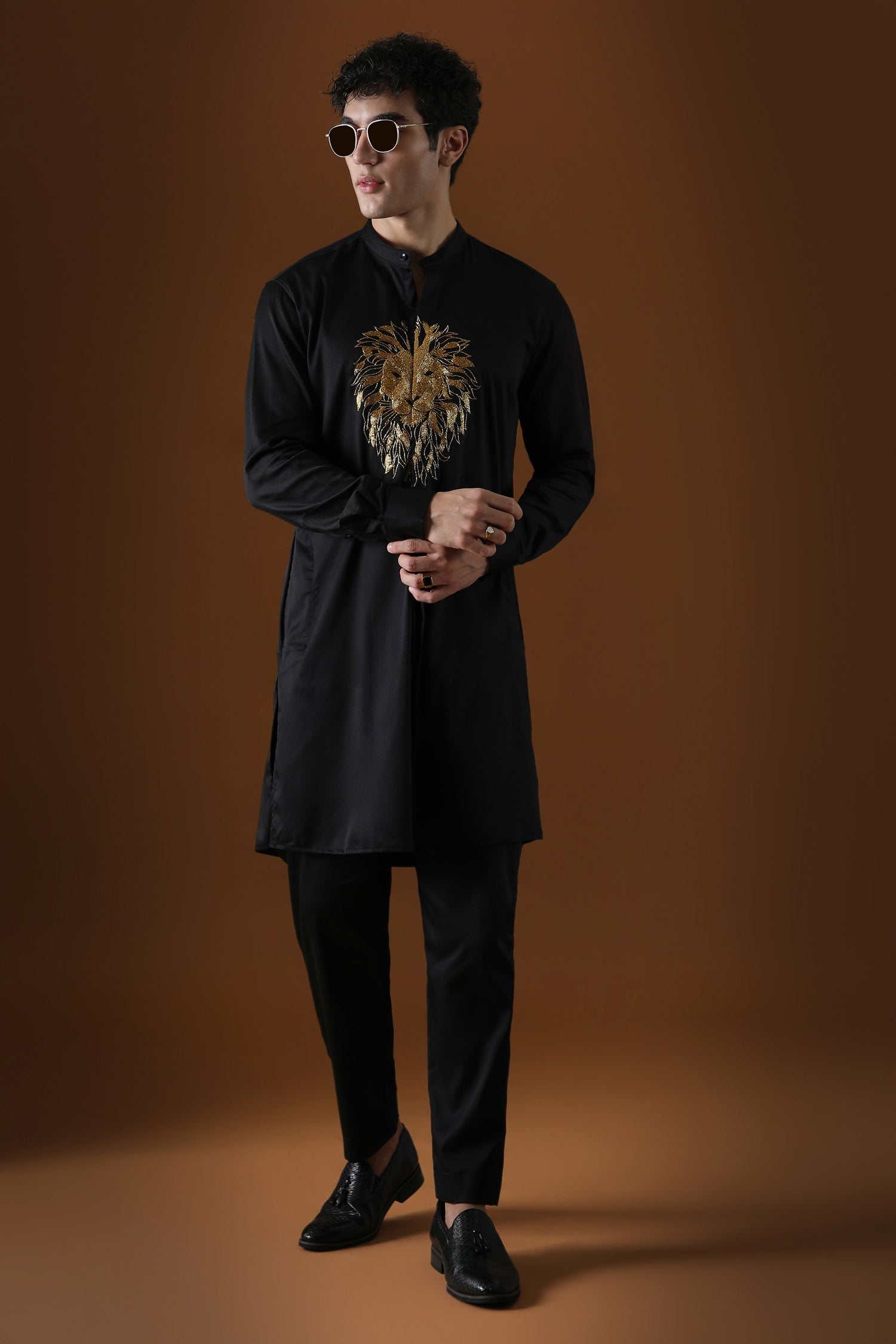 Lion Hand Embroidered Designer Kurta - Black