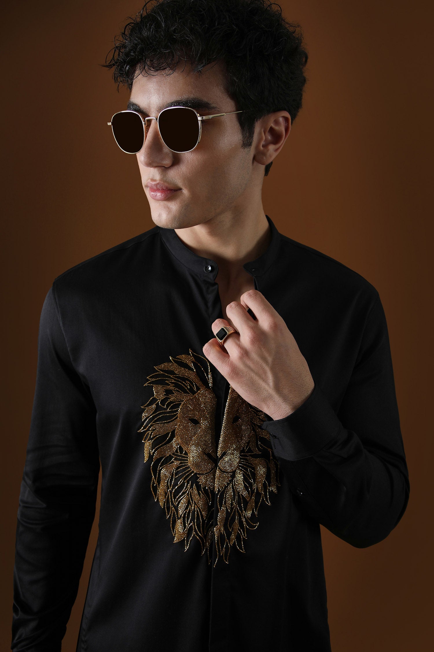 Lion Hand Embroidered Designer Kurta - Black