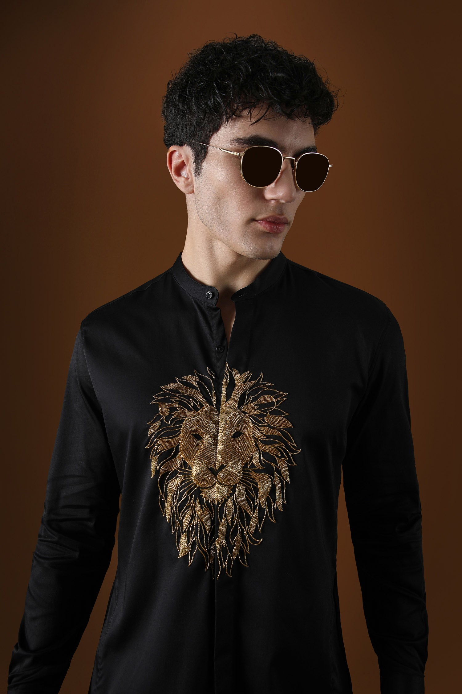 Lion Hand Embroidered Designer Kurta - Black