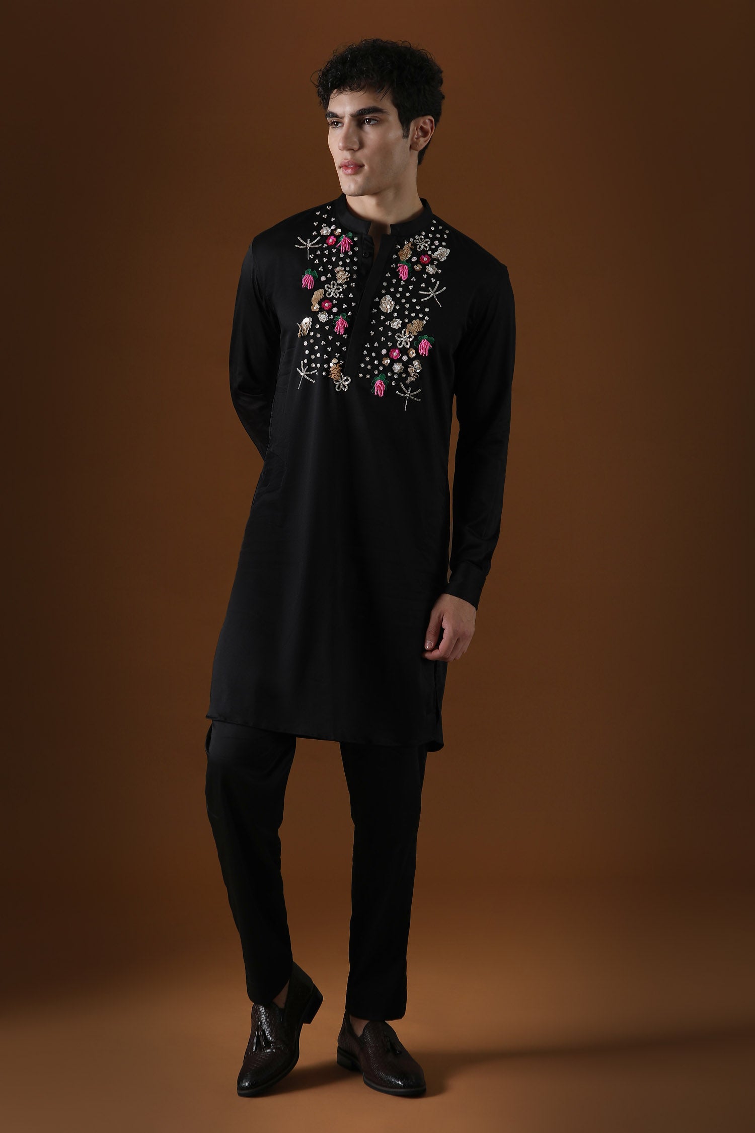 Wild Flowers Hand Embroidered Designer Kurta - Black