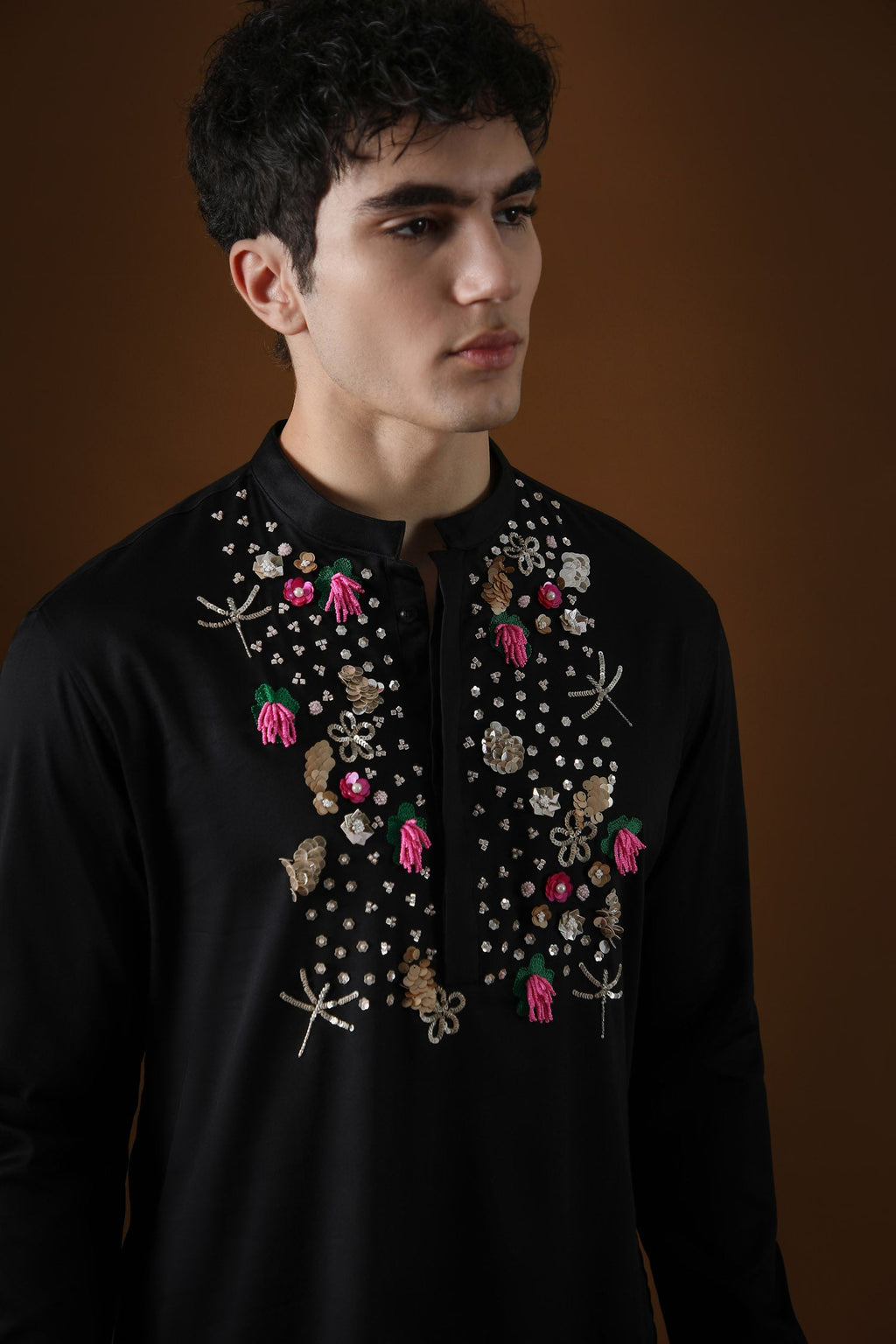 Wild Flowers Hand Embroidered Designer Kurta - Black