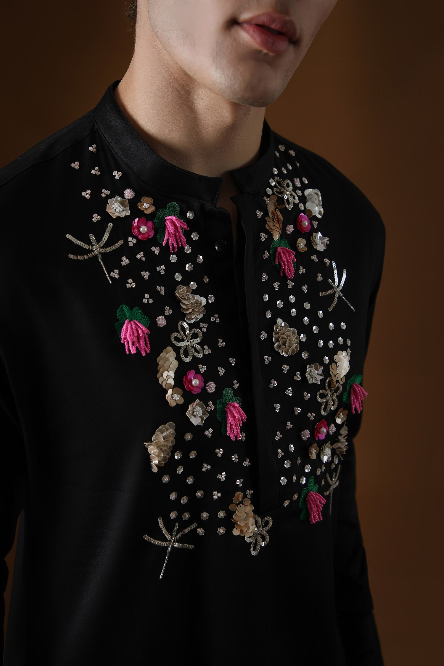Wild Flowers Hand Embroidered Designer Kurta - Black