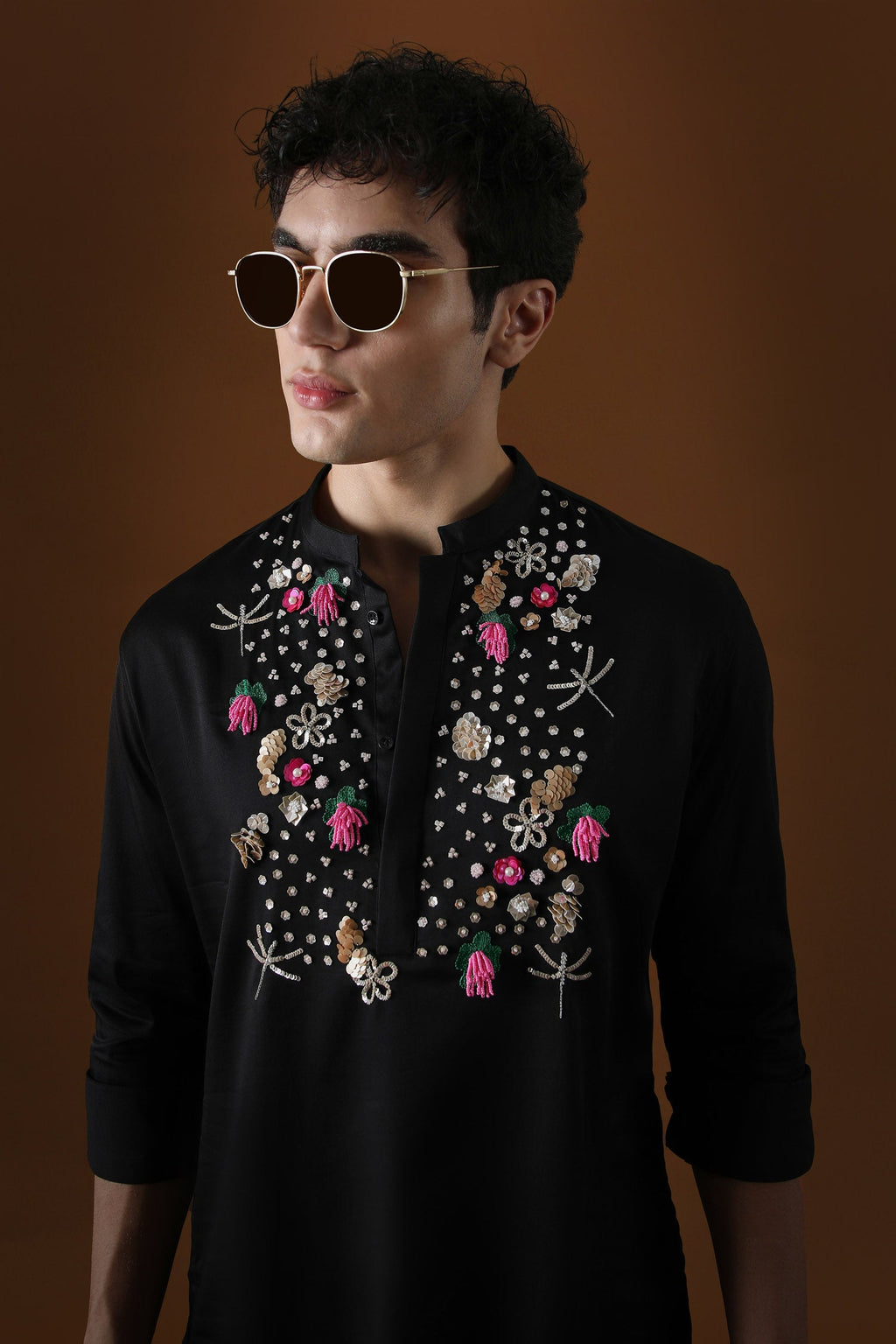 Wild Flowers Hand Embroidered Designer Kurta - Black
