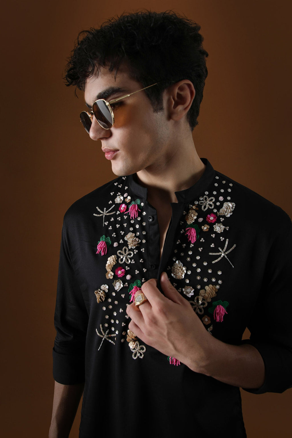 Wild Flowers Hand Embroidered Designer Kurta - Black