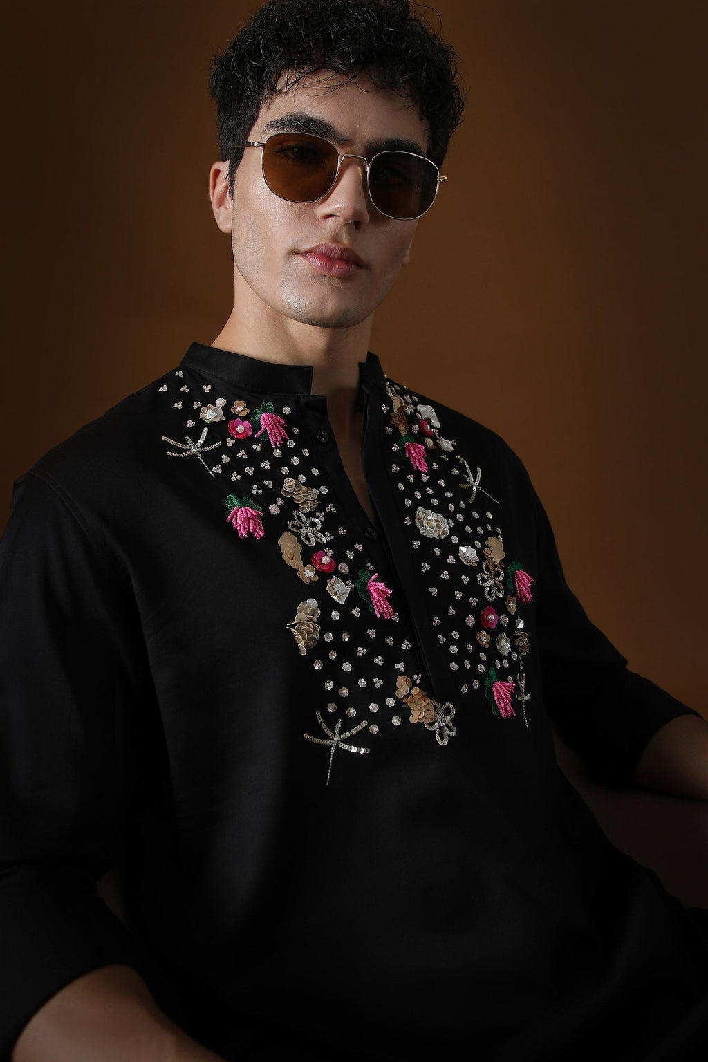 Wild Flowers Hand Embroidered Designer Kurta - Black