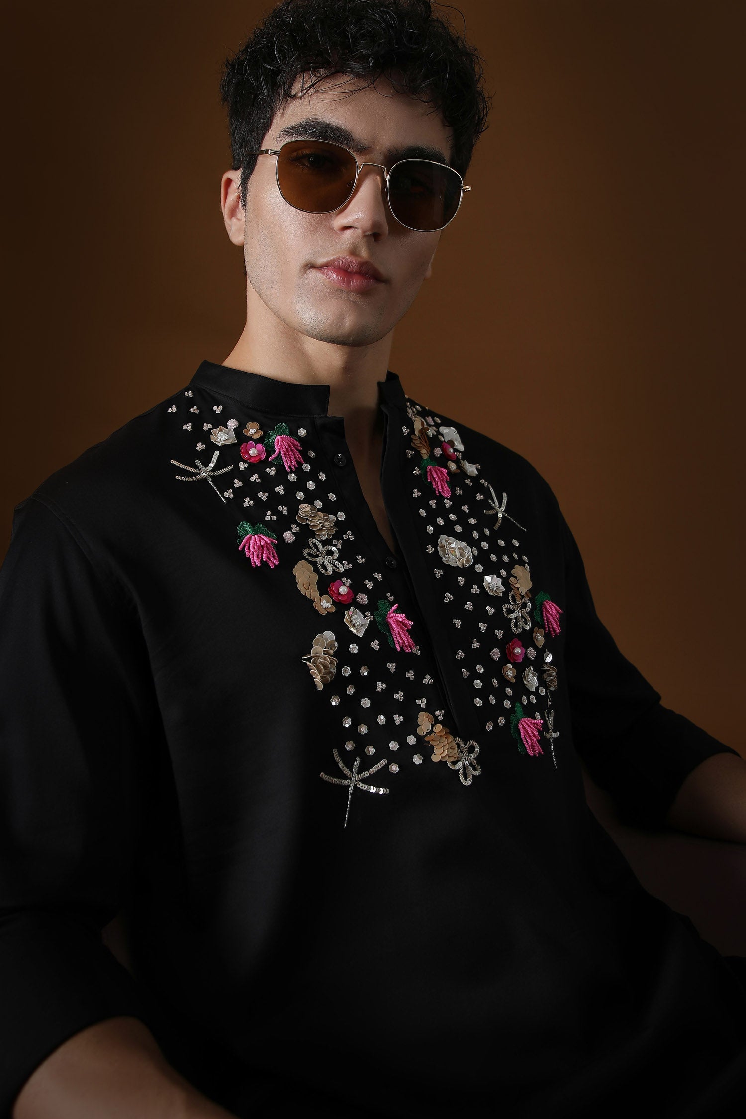 Wild Flowers Hand Embroidered Designer Kurta - Black