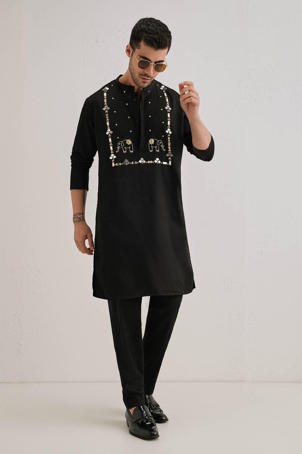Gaja(Elephant)- Hand Embroidered Designer Kurta - Black