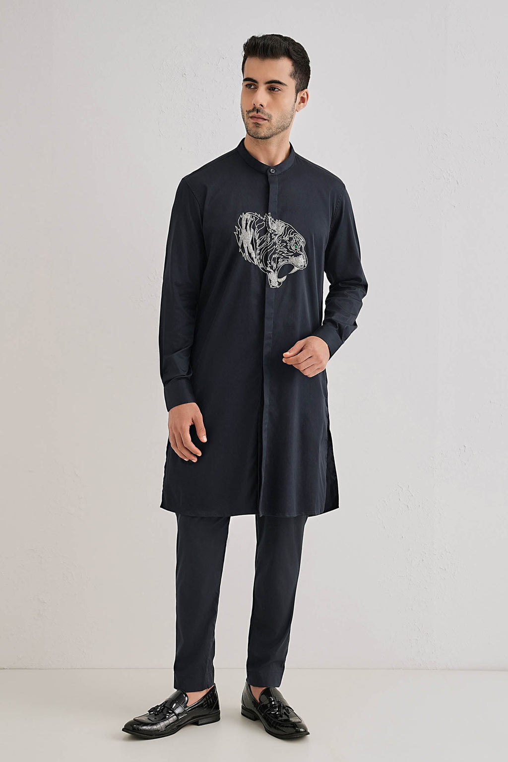 Tiger - Hand Embroidered Designer Kurta - Navy