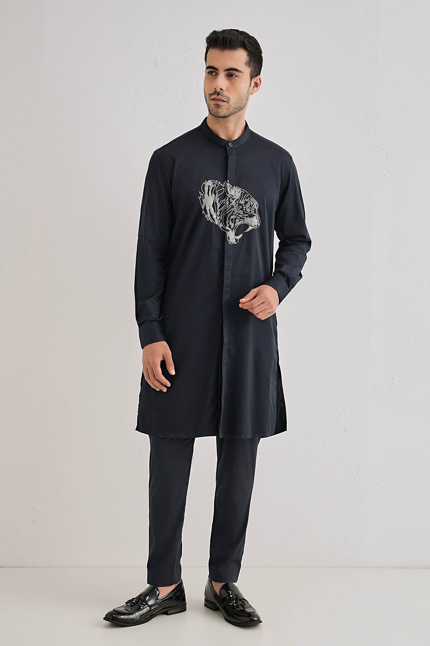 Tiger - Hand Embroidered Designer Kurta - Navy
