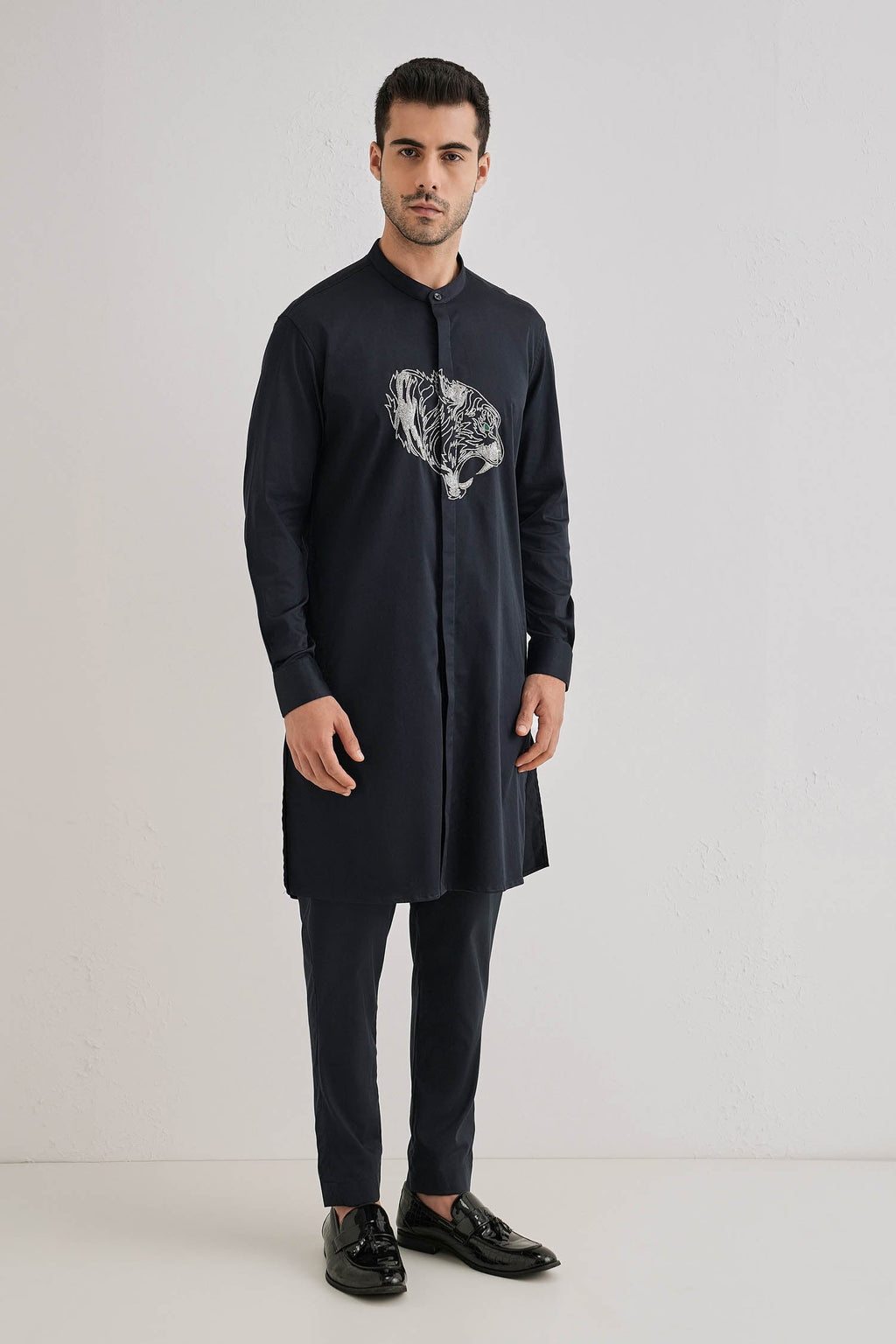 Tiger - Hand Embroidered Designer Kurta - Navy
