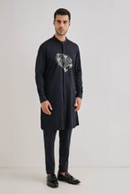 Tiger - Hand Embroidered Designer Kurta - Navy