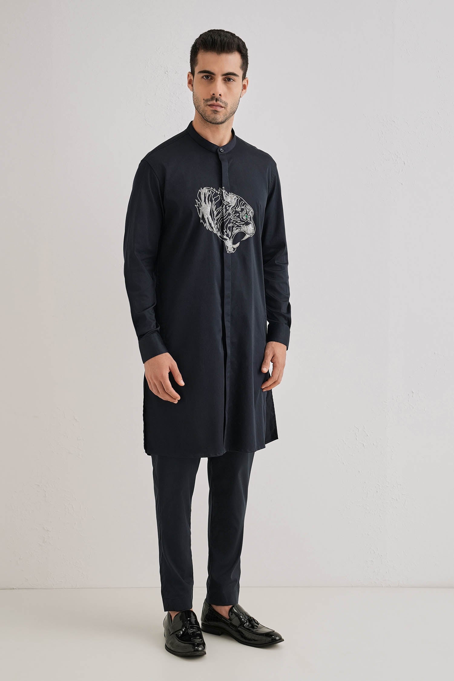 Tiger - Hand Embroidered Designer Kurta - Navy