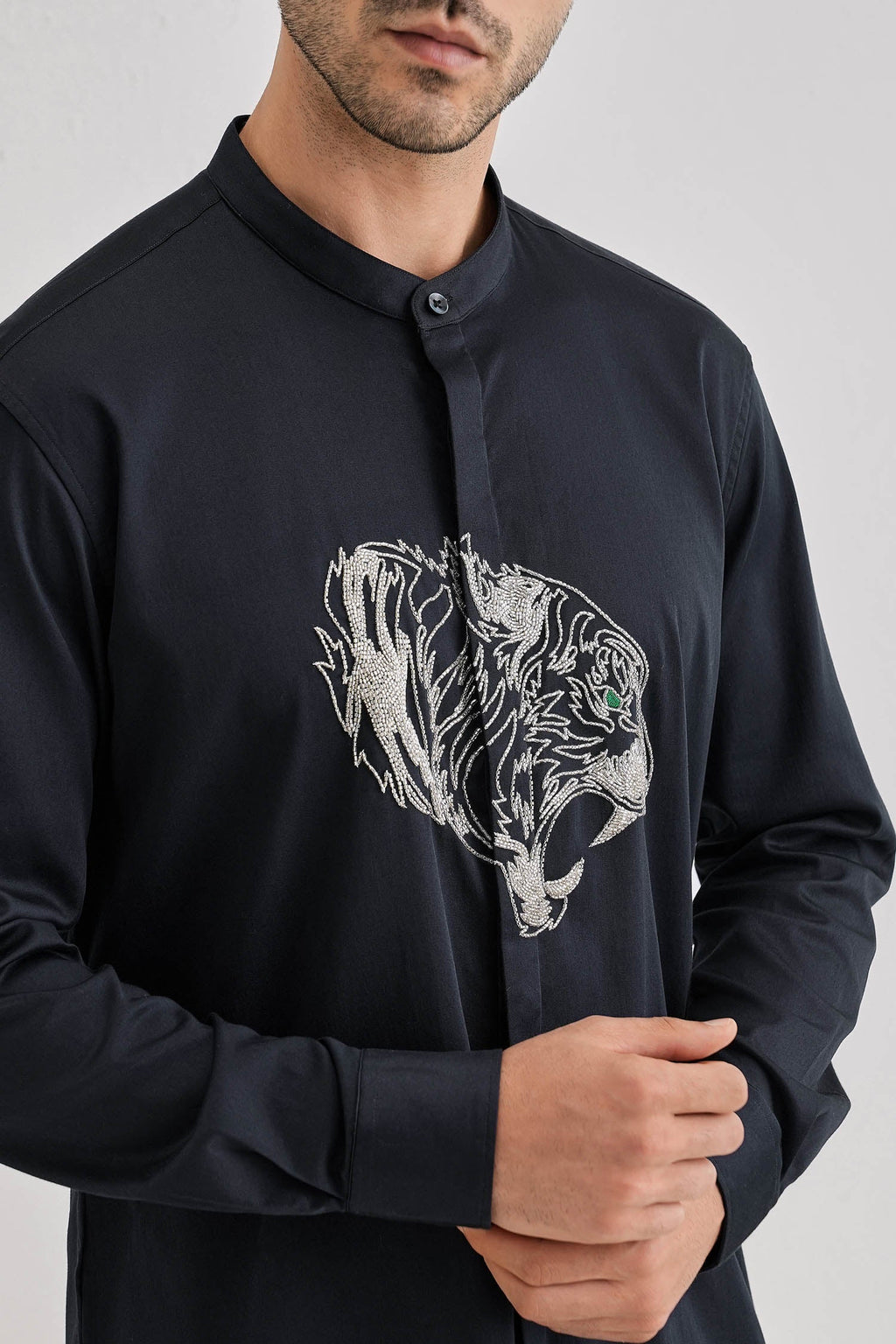 Tiger - Hand Embroidered Designer Kurta - Navy