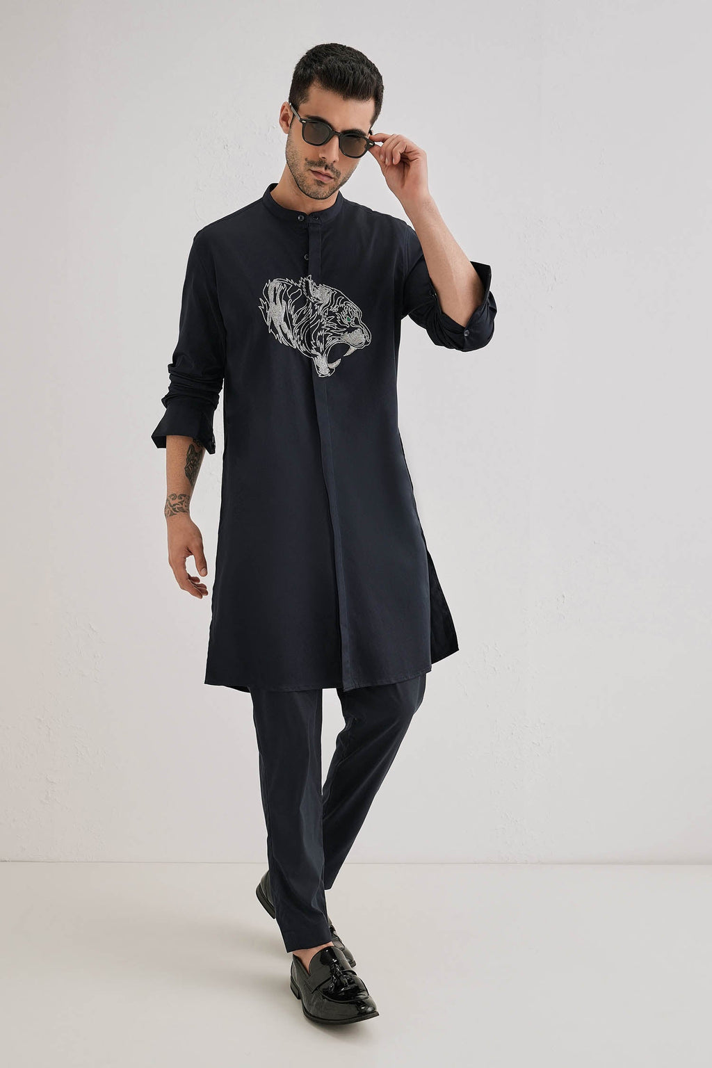 Tiger - Hand Embroidered Designer Kurta - Navy