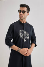 Tiger - Hand Embroidered Designer Kurta - Navy