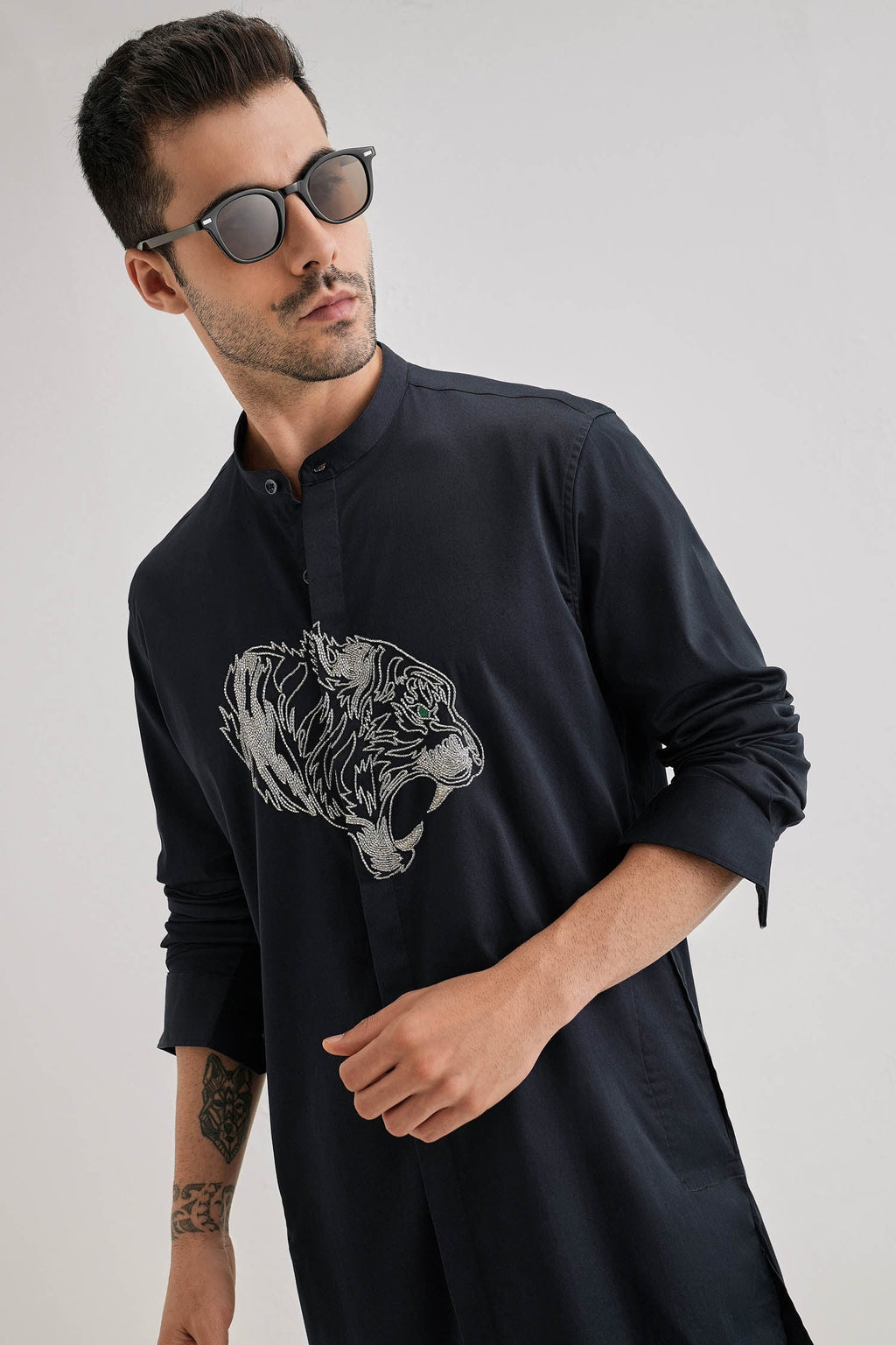 Tiger - Hand Embroidered Designer Kurta - Navy