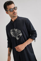 Tiger - Hand Embroidered Designer Kurta - Navy