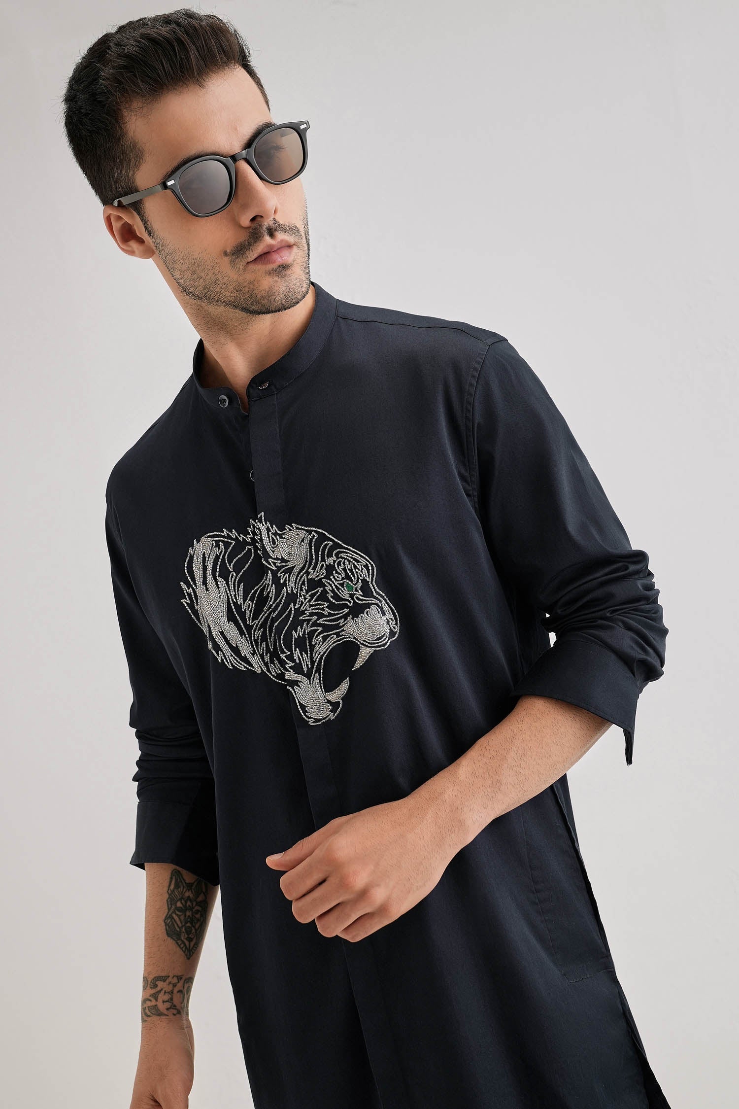 Tiger - Hand Embroidered Designer Kurta - Navy
