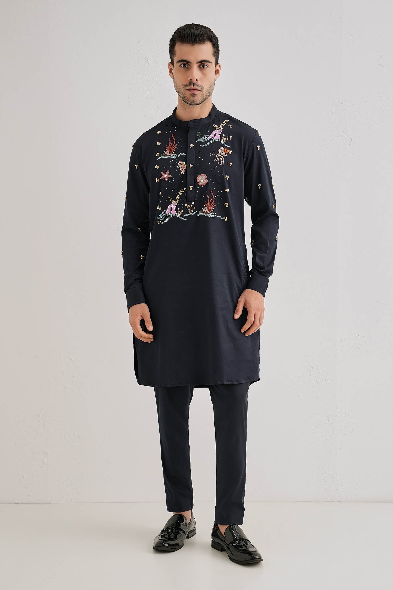 Brine - Hand Embroidered Designer Kurta - Navy