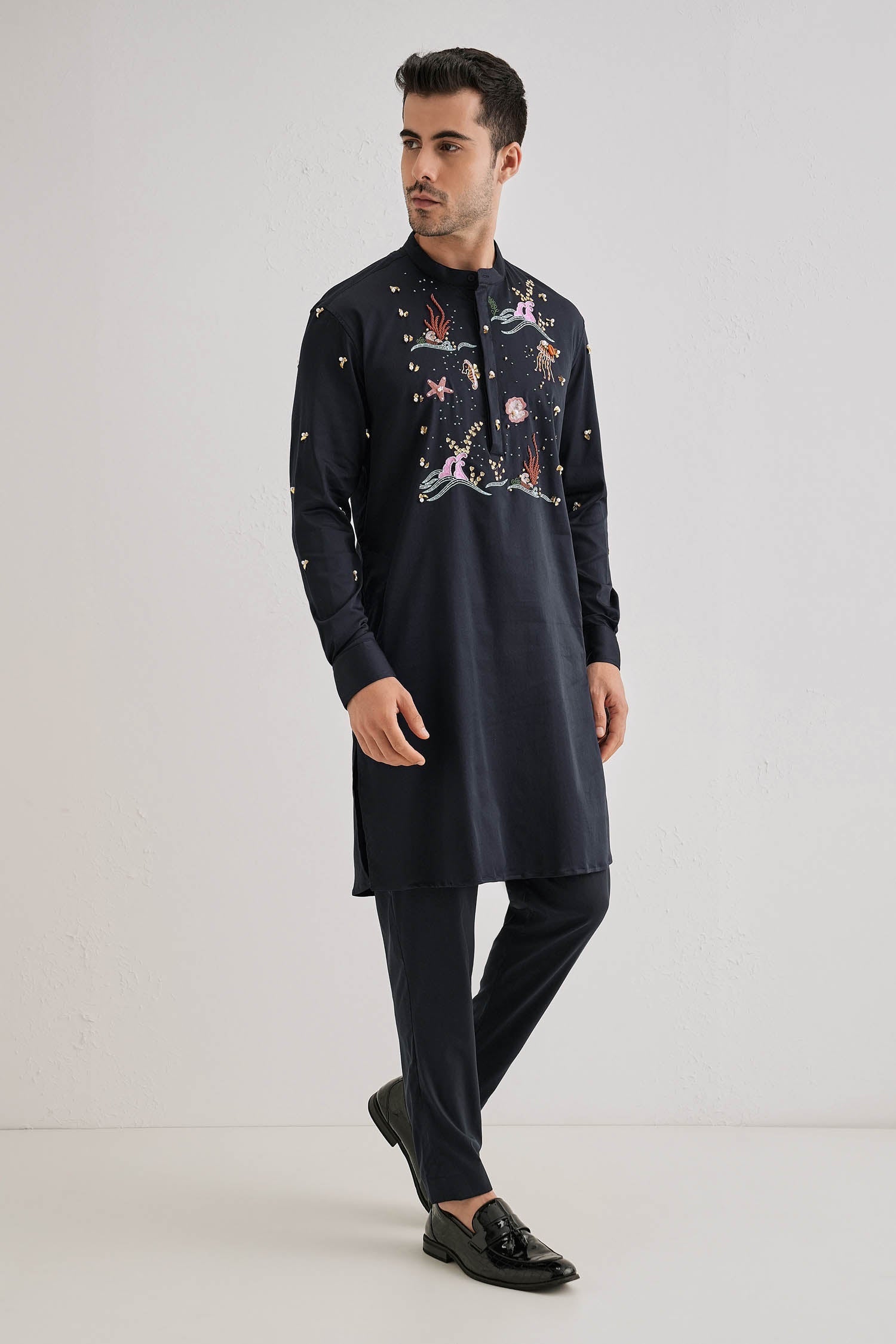 Brine - Hand Embroidered Designer Kurta - Navy