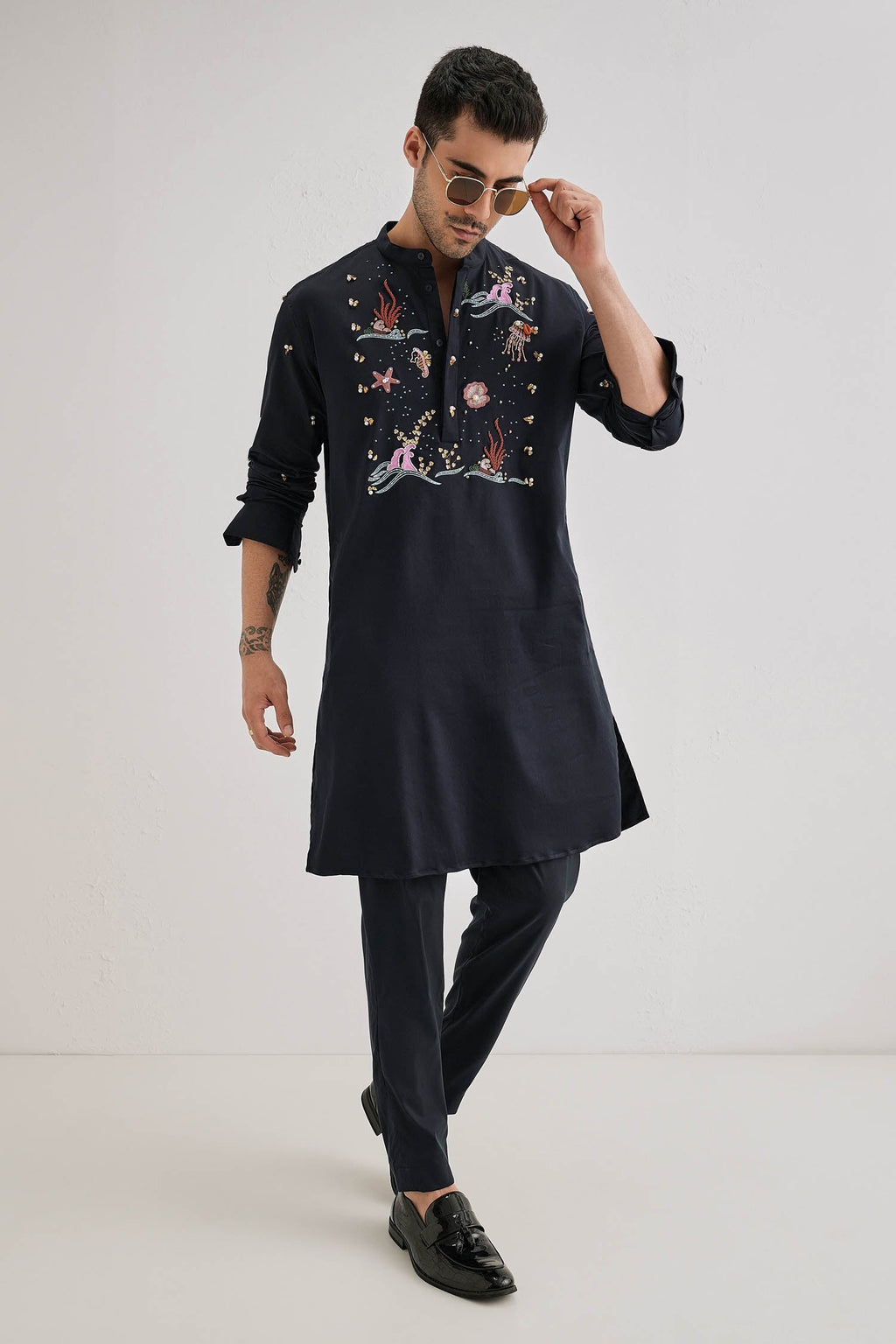 Brine - Hand Embroidered Designer Kurta - Navy