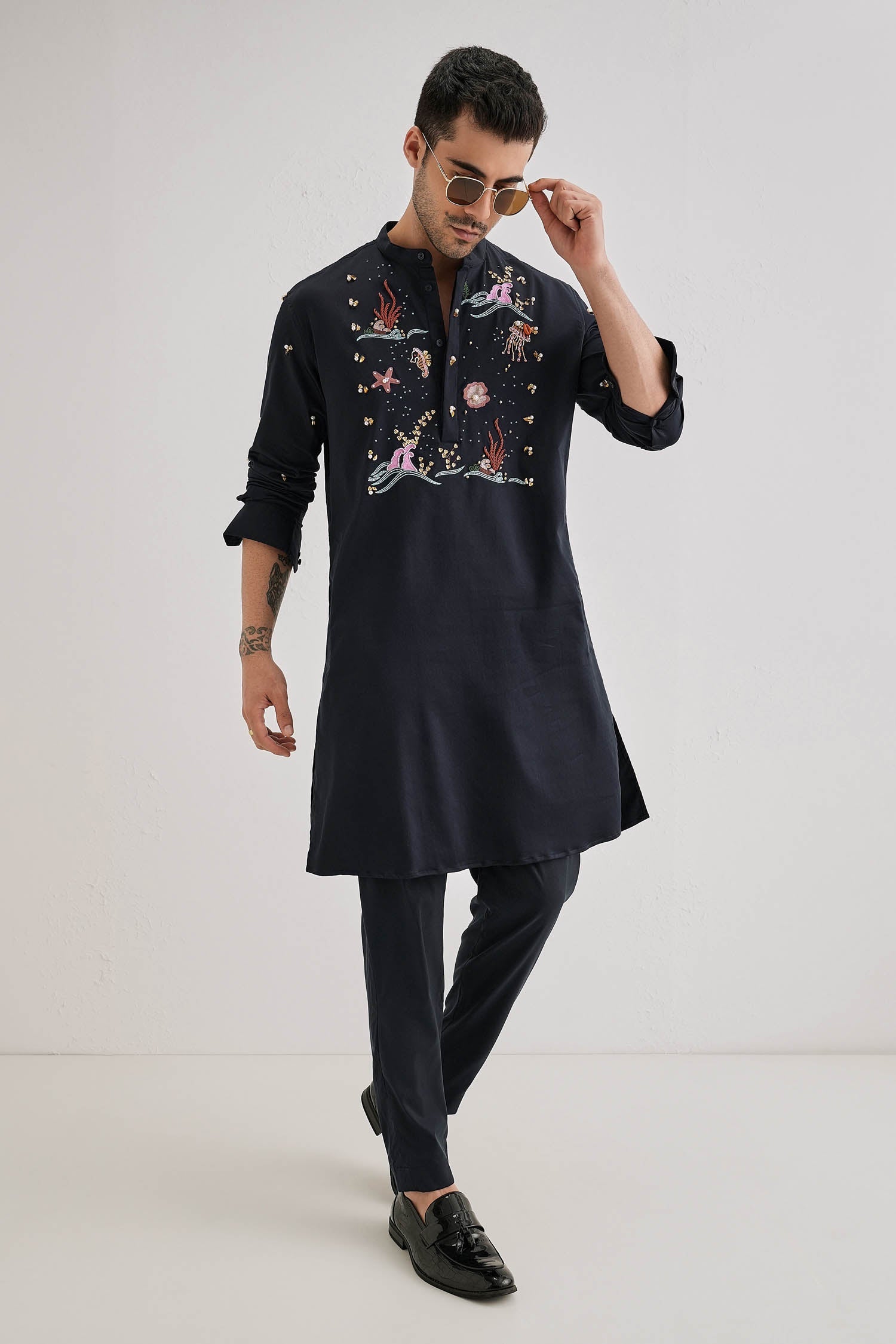 Brine - Hand Embroidered Designer Kurta - Navy