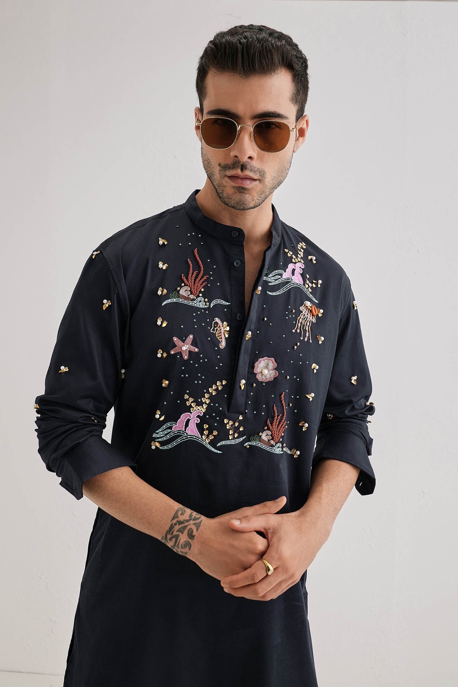 Brine - Hand Embroidered Designer Kurta - Navy