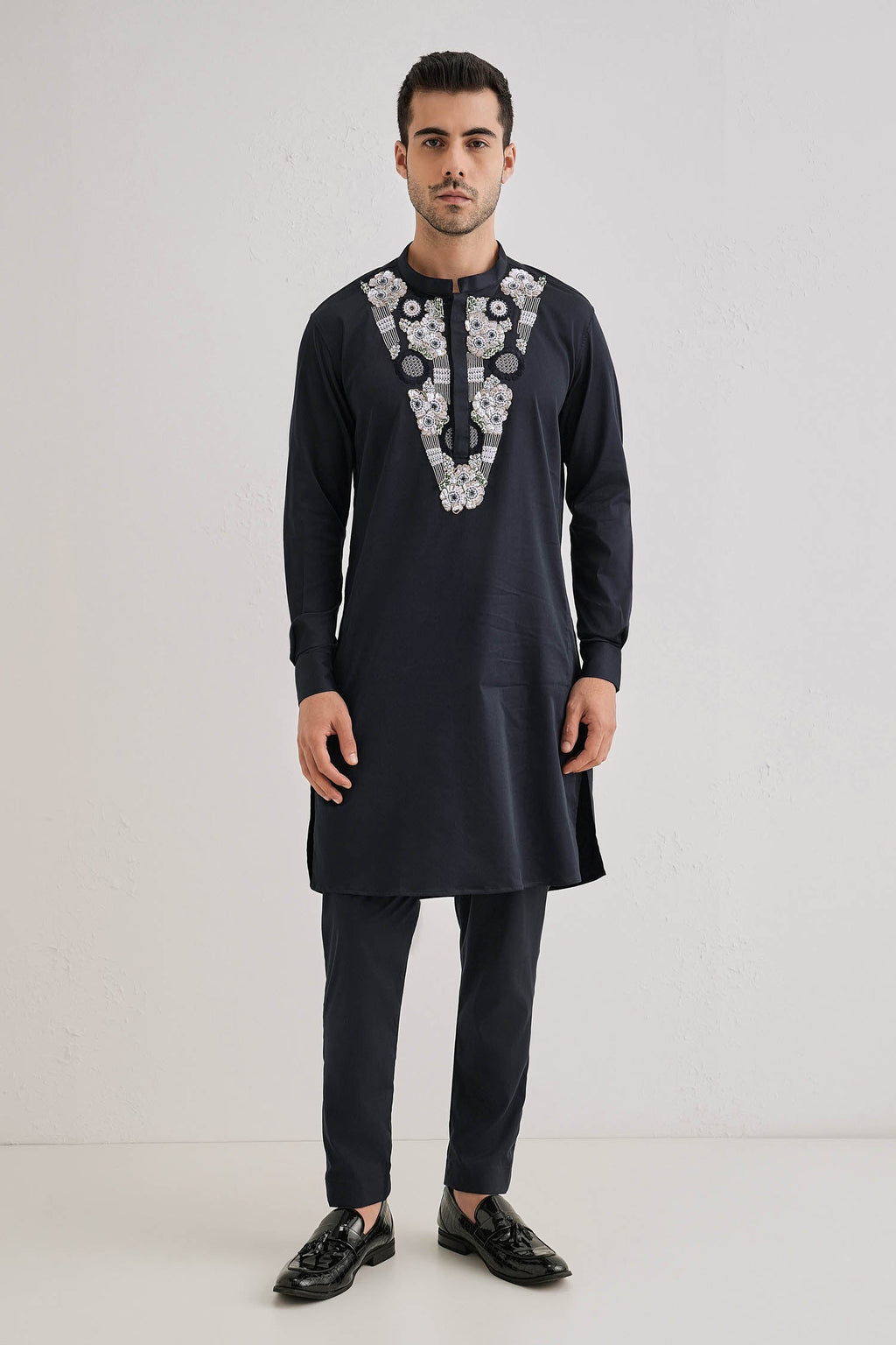 Inflorescence - Hand Embroidered Designer Kurta - Navy