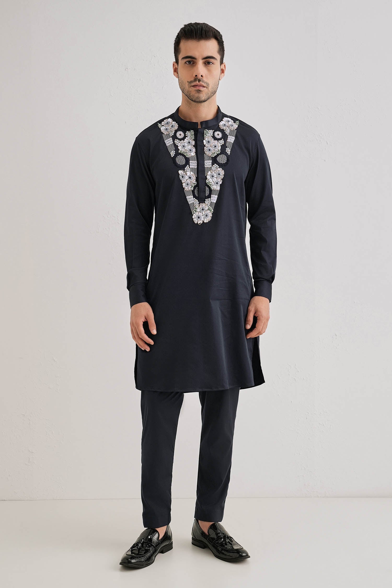 Inflorescence - Hand Embroidered Designer Kurta - Navy