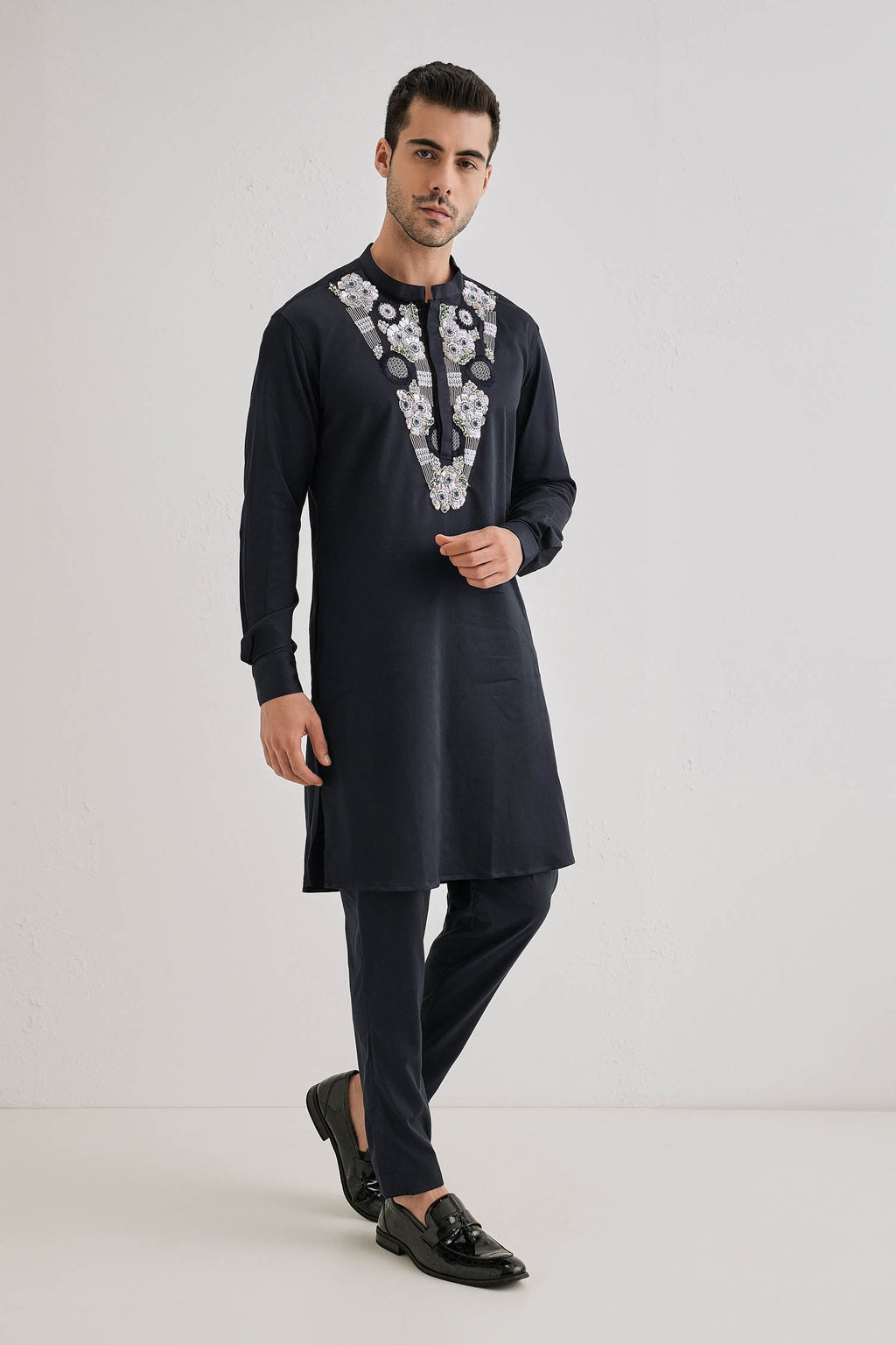Inflorescence - Hand Embroidered Designer Kurta - Navy