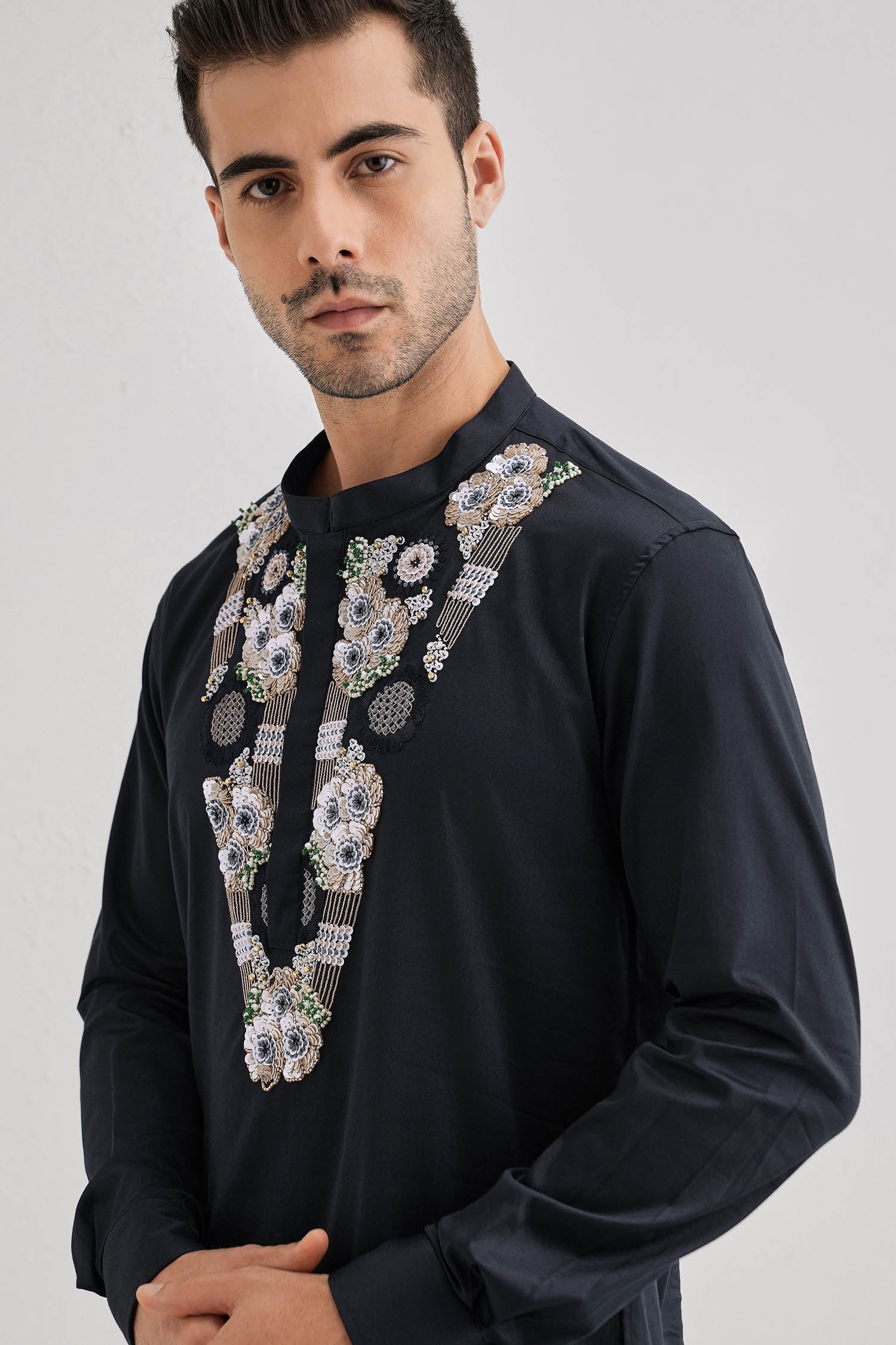 Inflorescence - Hand Embroidered Designer Kurta - Navy