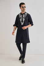 Inflorescence - Hand Embroidered Designer Kurta - Navy