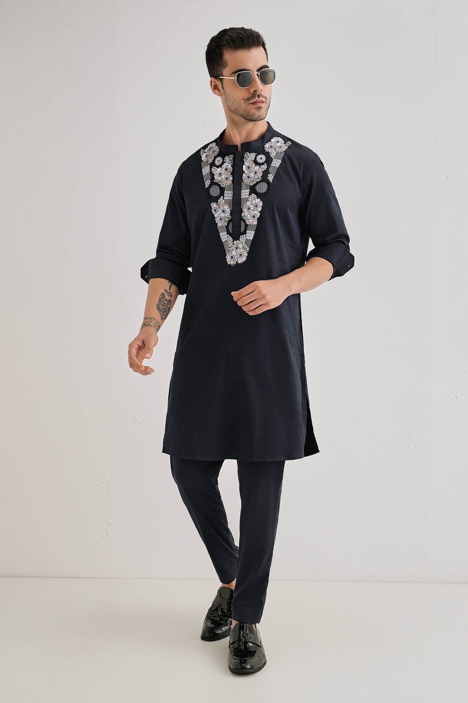 Inflorescence - Hand Embroidered Designer Kurta - Navy