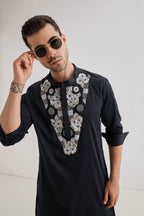 Inflorescence - Hand Embroidered Designer Kurta - Navy