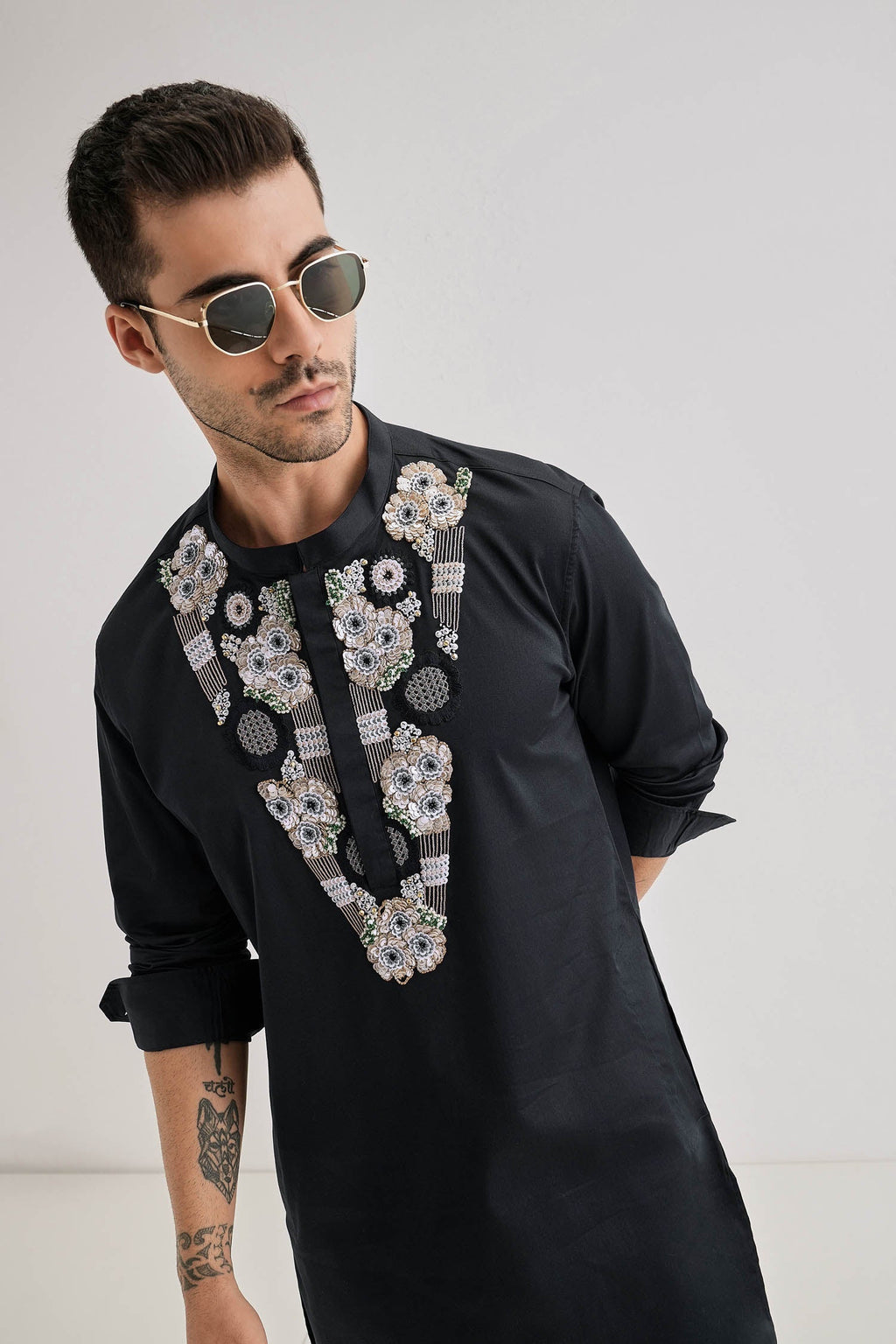 Inflorescence - Hand Embroidered Designer Kurta - Navy