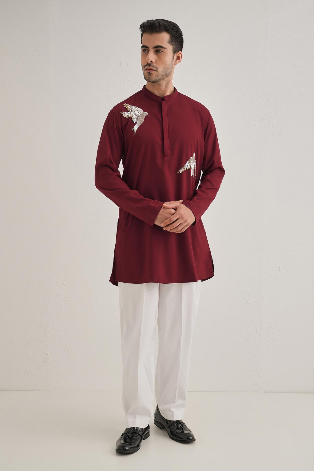 Nestling(Bird) Hand Embroidered Designer Kurta - Burgundy