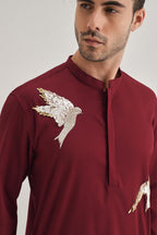 Nestling(Bird) Hand Embroidered Designer Kurta - Burgundy