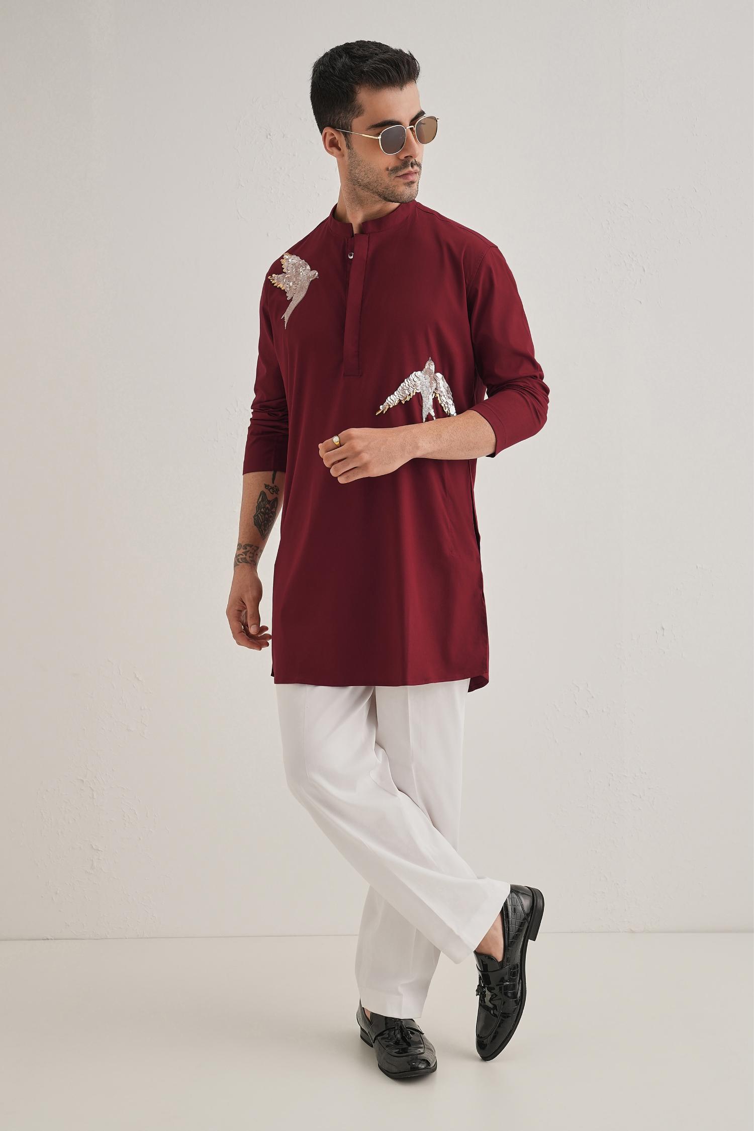 Nestling(Bird) Hand Embroidered Designer Kurta - Burgundy