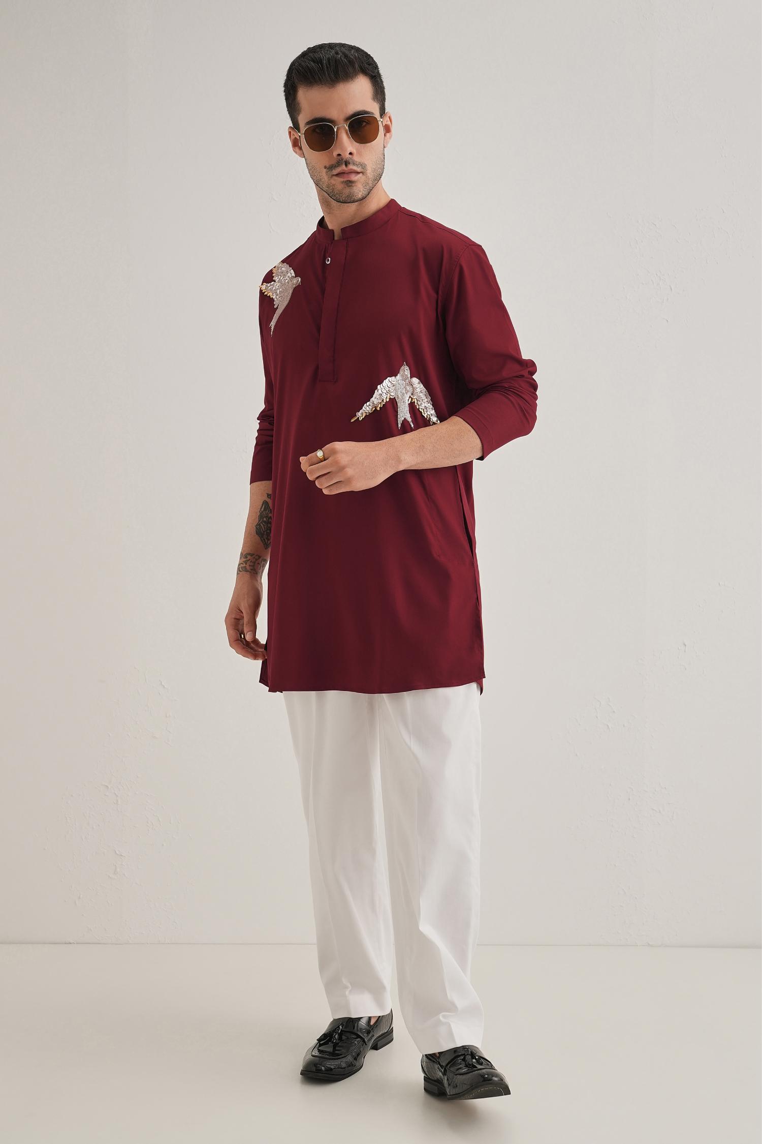 Nestling(Bird) Hand Embroidered Designer Kurta - Burgundy