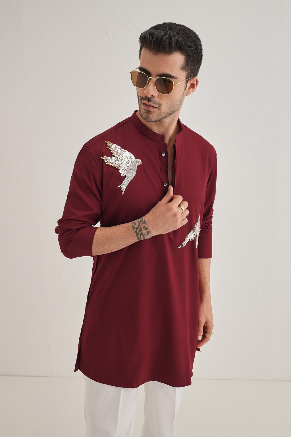 Nestling(Bird) Hand Embroidered Designer Kurta - Burgundy