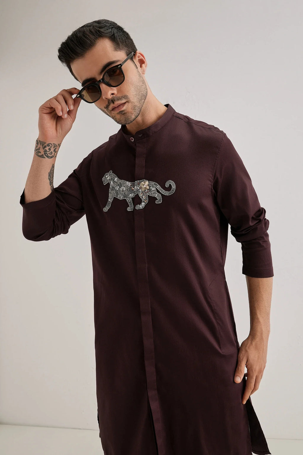 Lynx - Hand Embroidered Designer Kurta - Wine