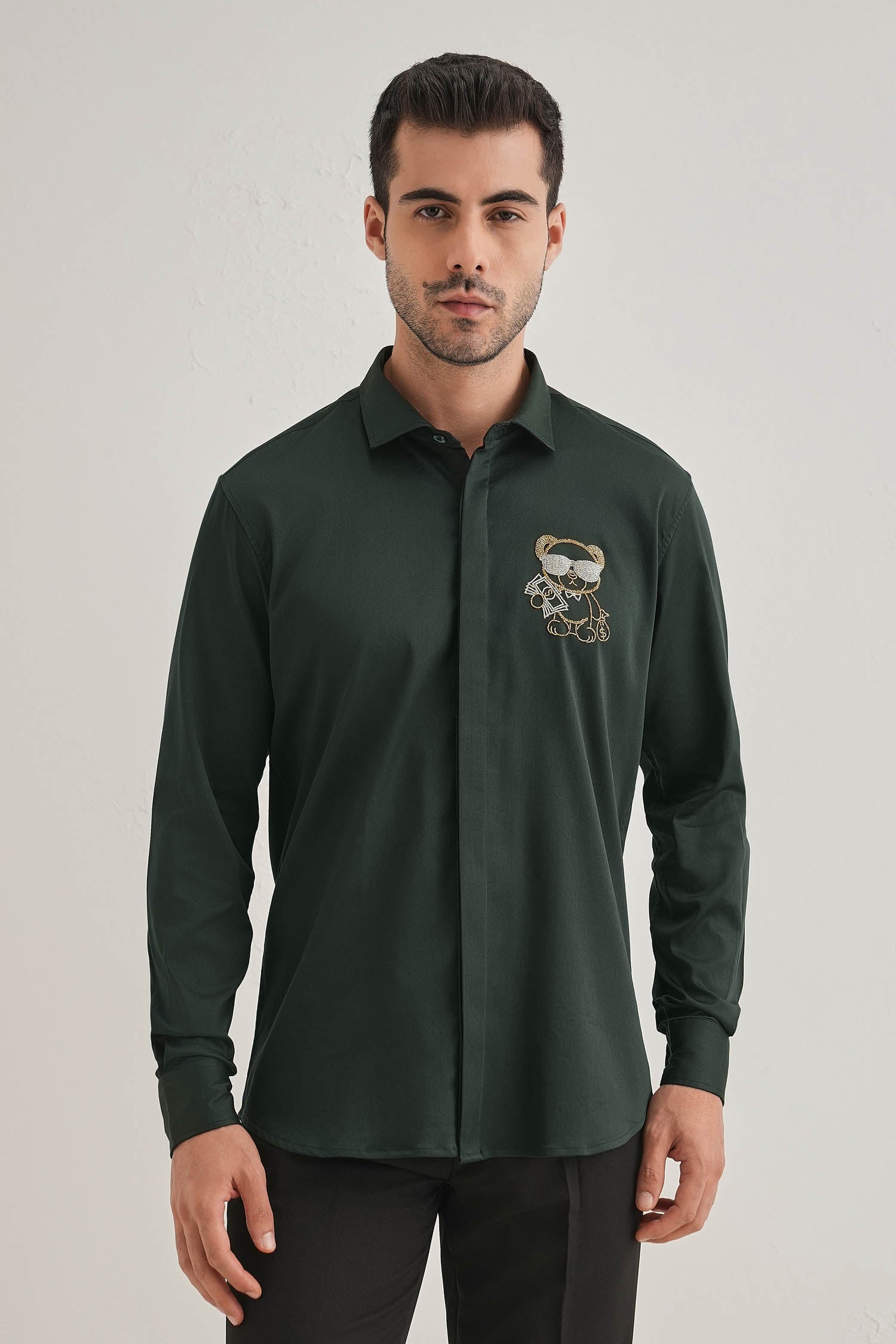 Bear-y-rich - Hand Embroidered Designer Shirt - Bottle Green