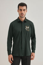 Bear-y-rich - Hand Embroidered Designer Shirt - Bottle Green
