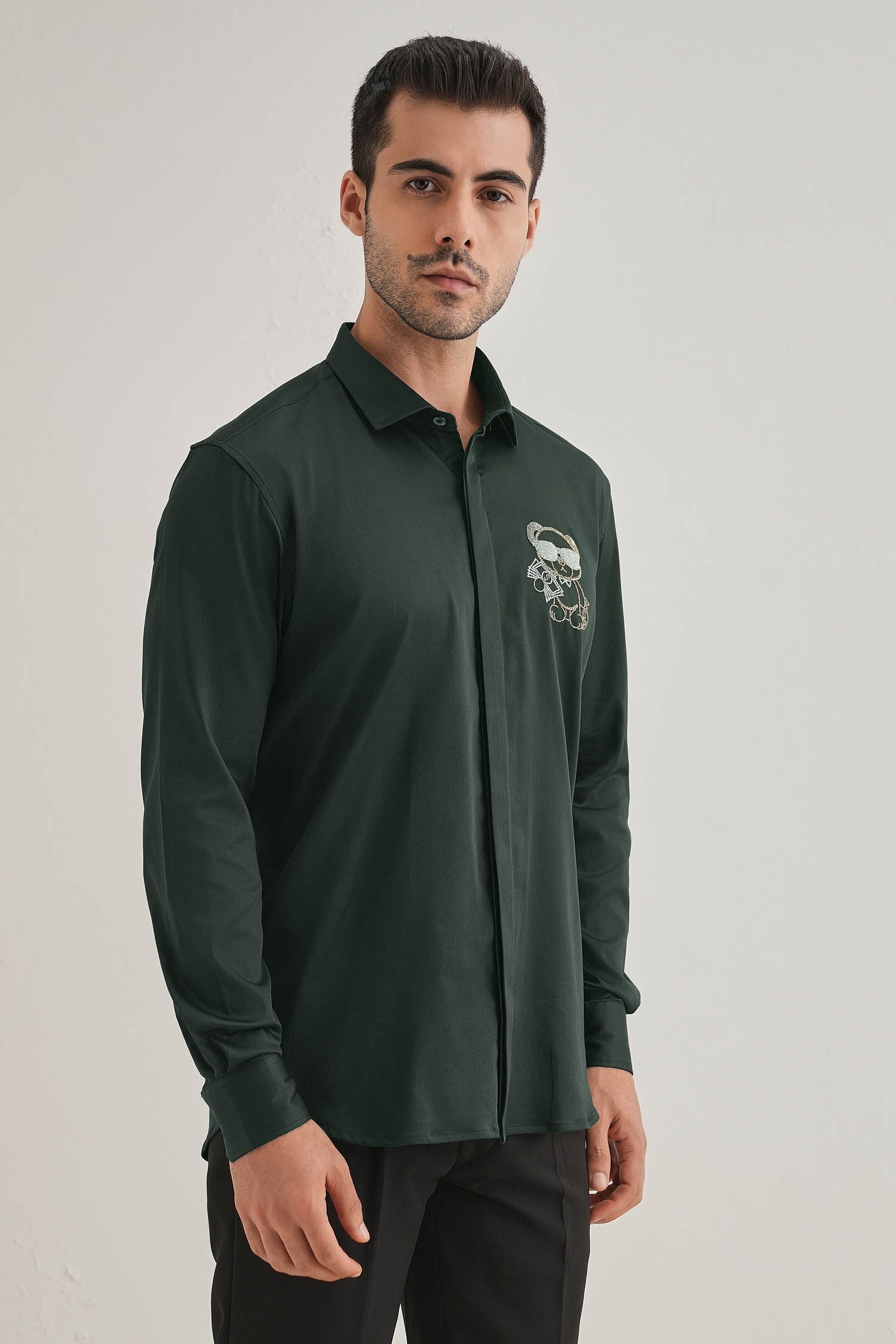 Bear-y-rich - Hand Embroidered Designer Shirt - Bottle Green