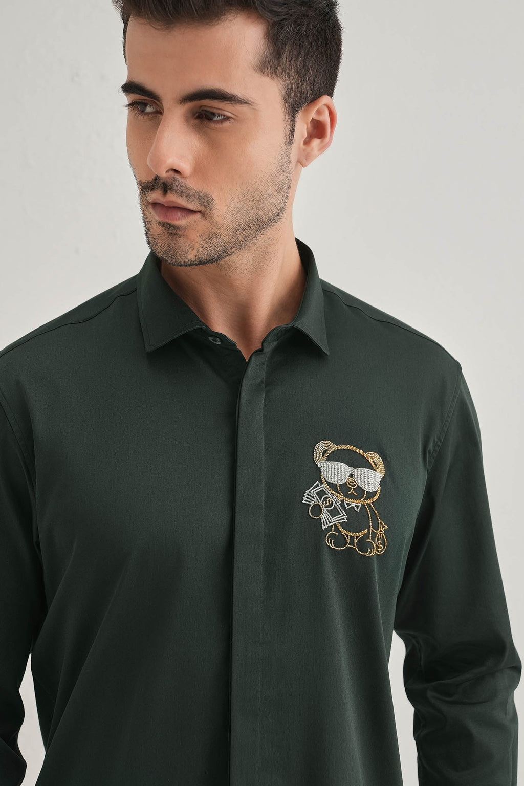 Bear-y-rich - Hand Embroidered Designer Shirt - Bottle Green